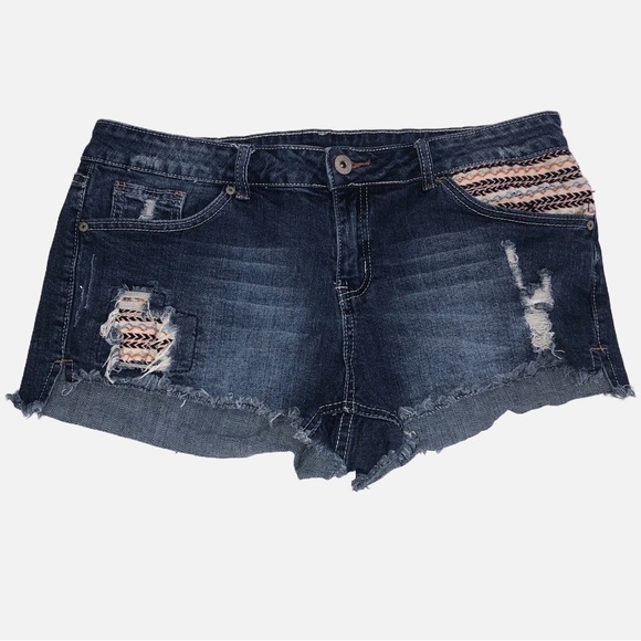 Red Camel Size 15 Jean Shorts Blue Embroidered Denim Stretch Boho Festival Beach - Picture 1 of 8